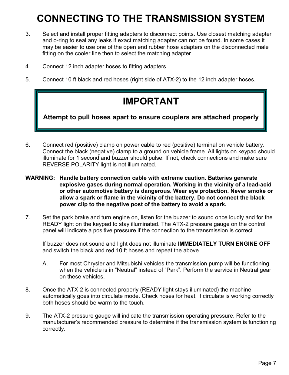 Connecting to the transmission system, Important | MAHLE RTI ATX-2PS (Rev D) User Manual | Page 8 / 17