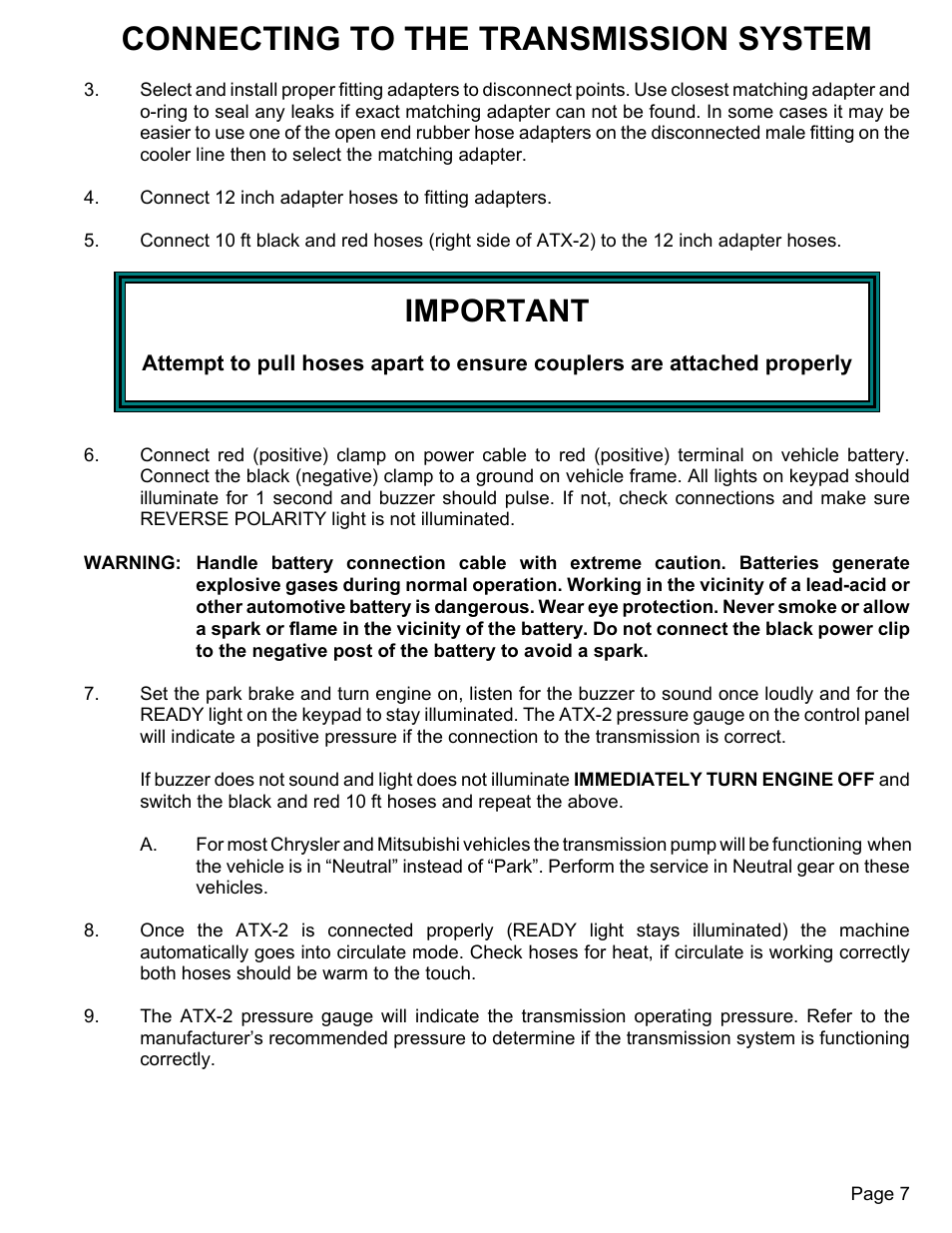 Connecting to the transmission system, Important | MAHLE RTI ATX-2PS (Rev B) User Manual | Page 8 / 17