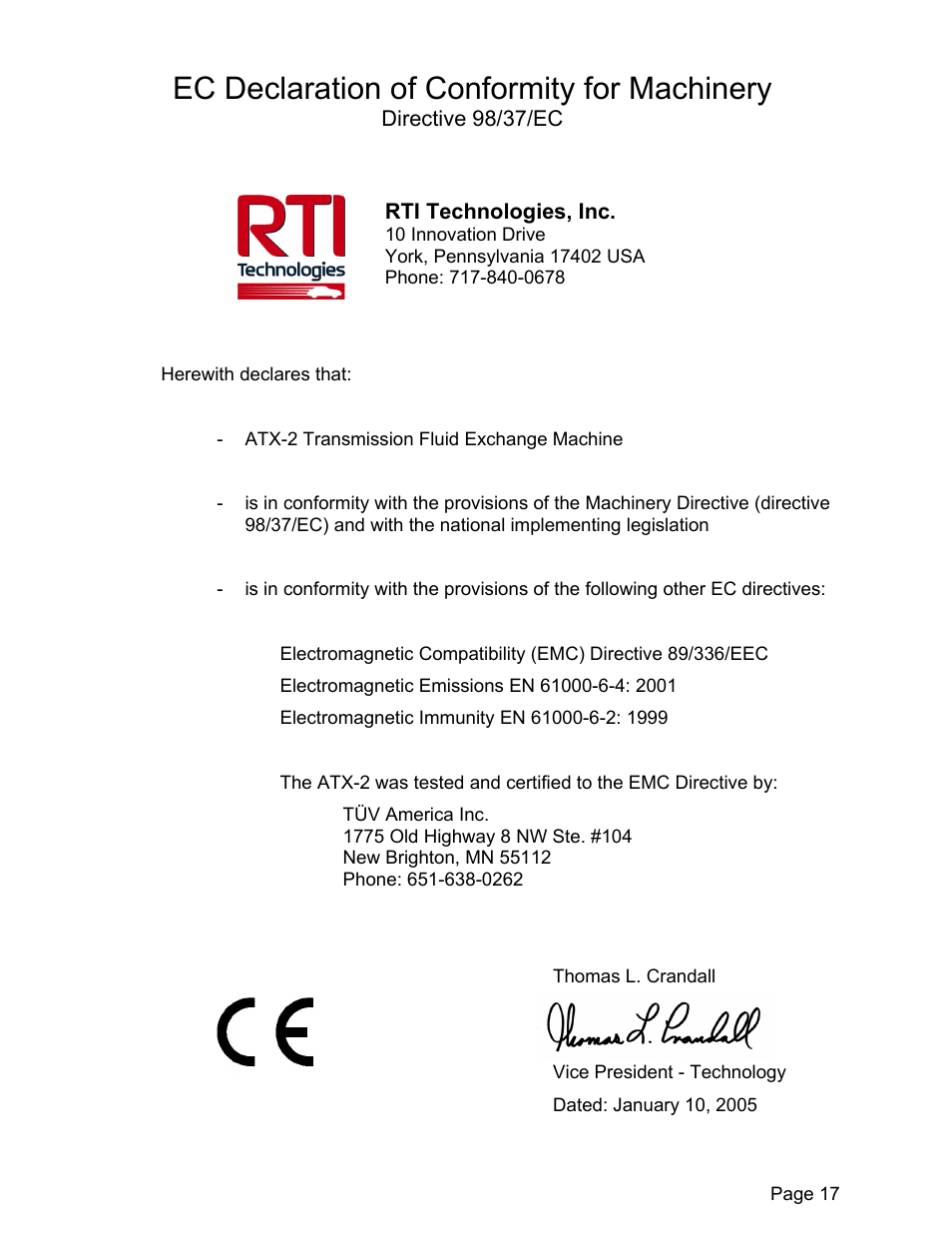 Ec declaration of conformity for machinery | MAHLE RTI ATX-2PS User Manual | Page 18 / 18