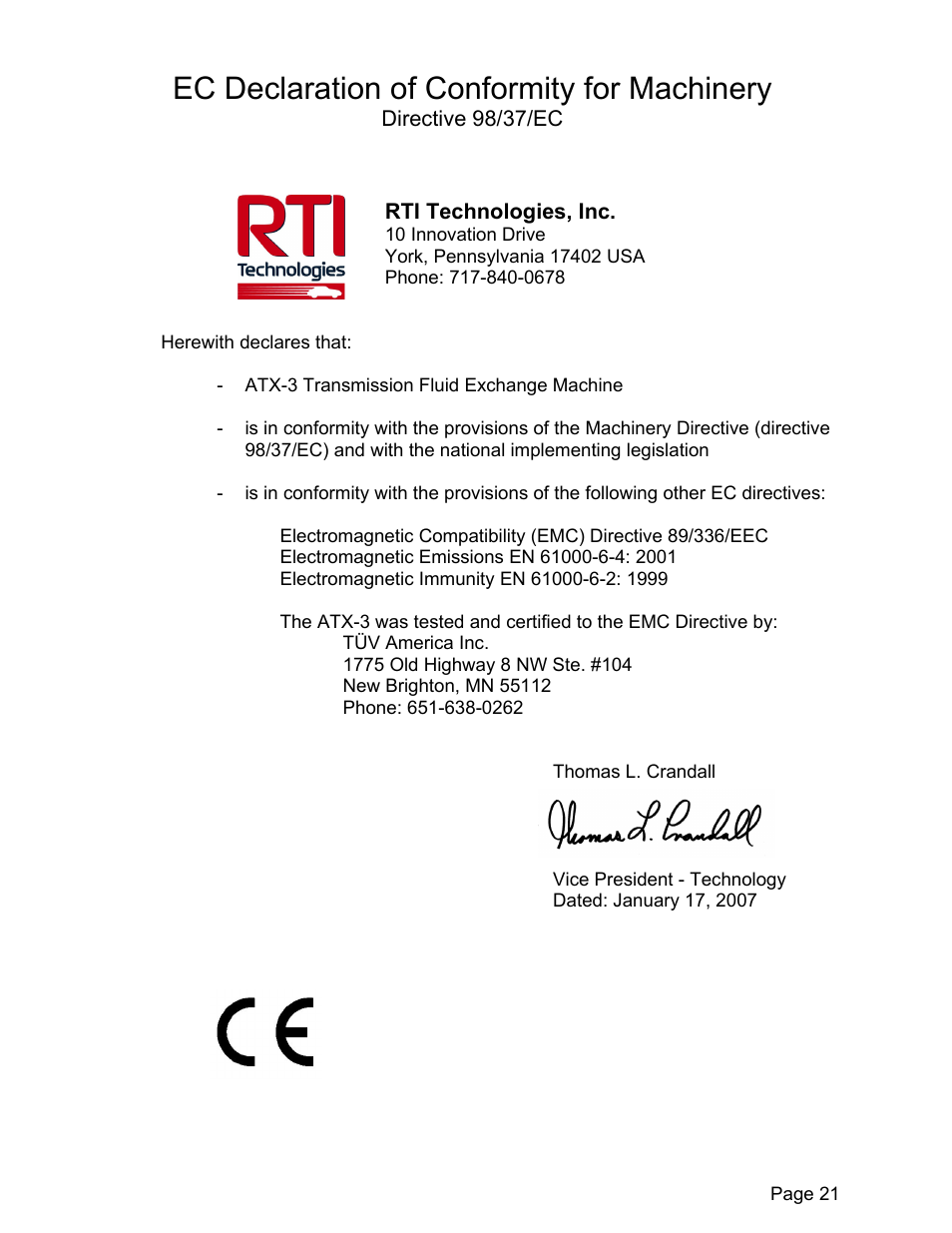 Ec declaration of conformity for machinery | MAHLE RTI ATX-3 User Manual | Page 22 / 22