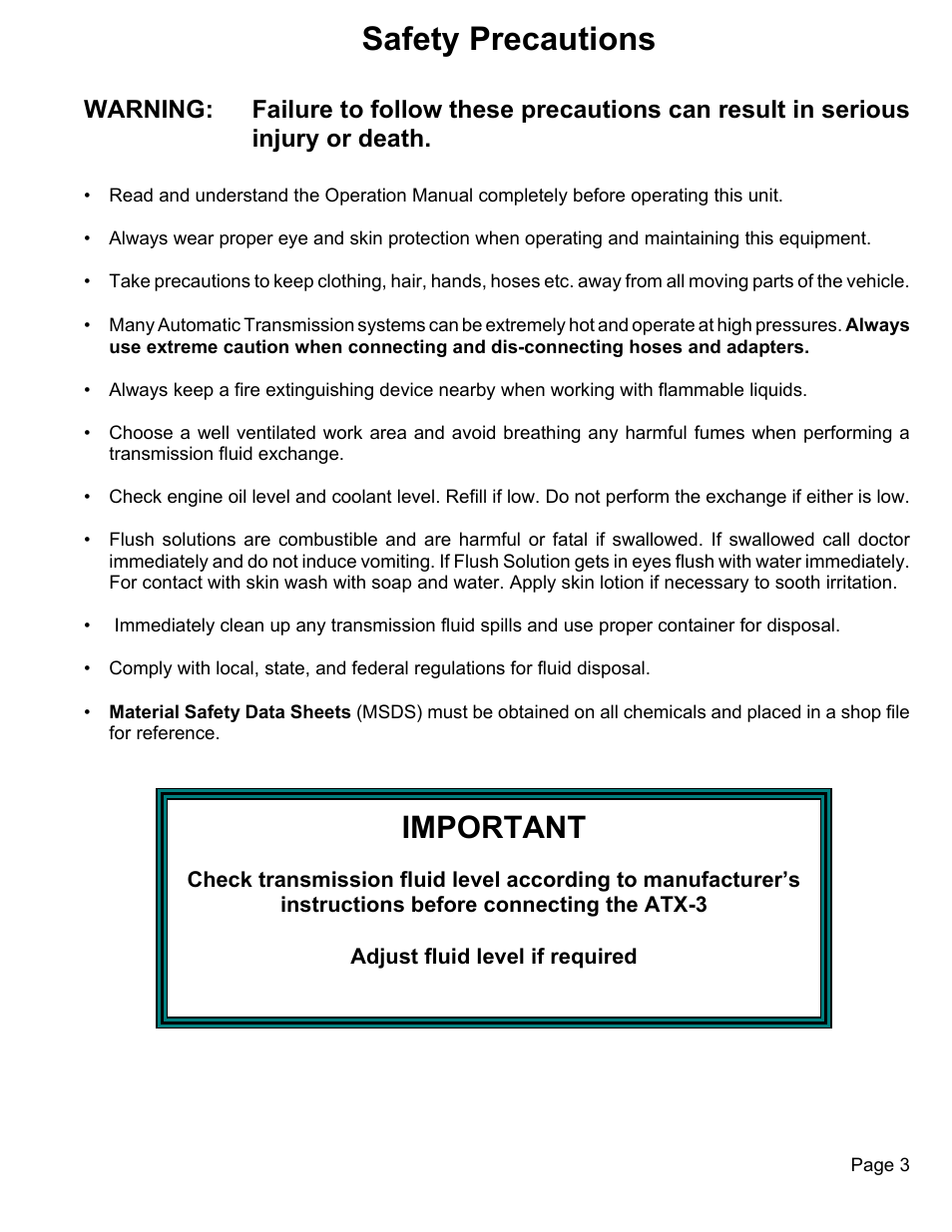 Safety precautions, Important | MAHLE RTI ATX-3 User Manual | Page 4 / 22