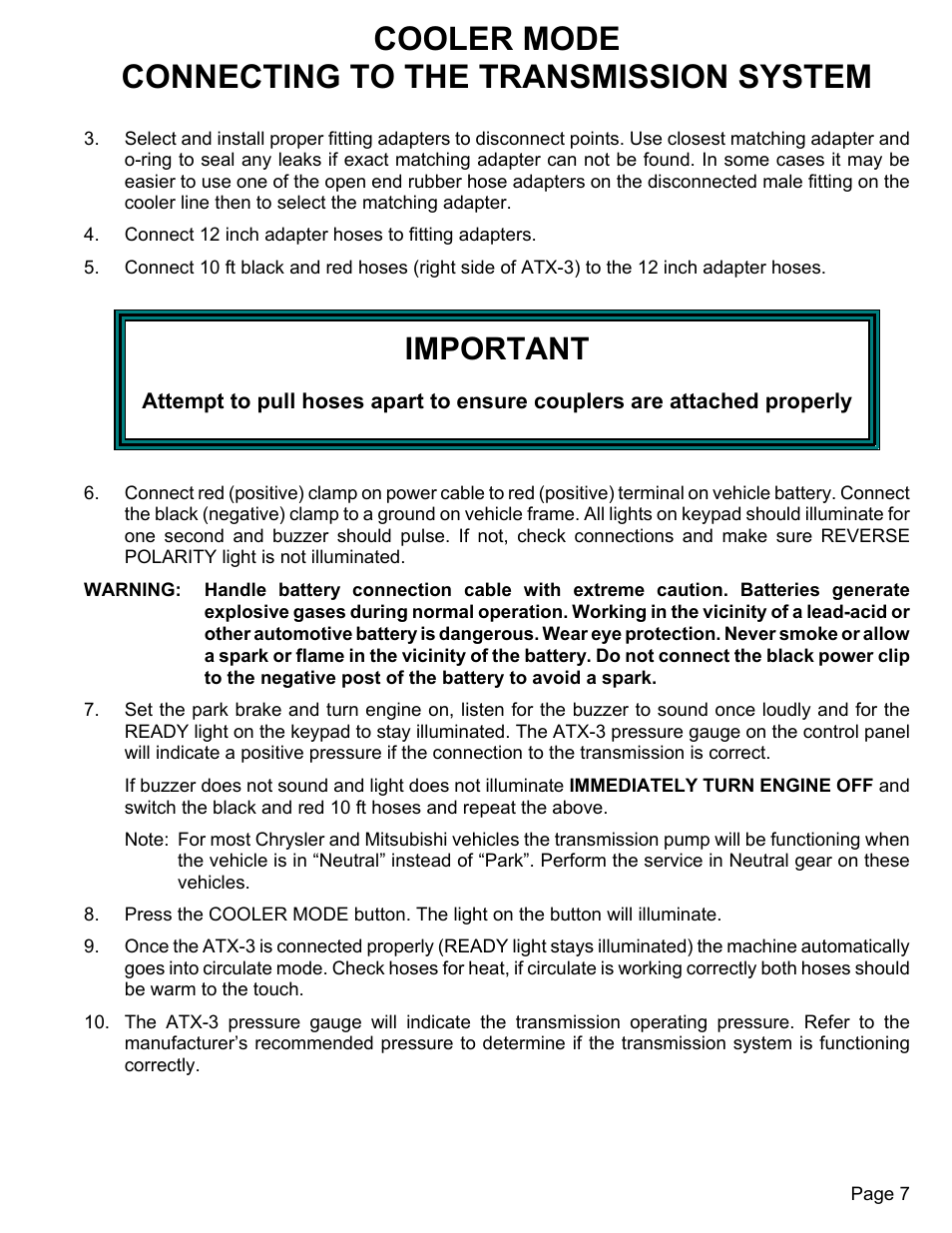 Cooler mode connecting to the transmission system, Important | MAHLE RTI ATX-3 User Manual | Page 8 / 22