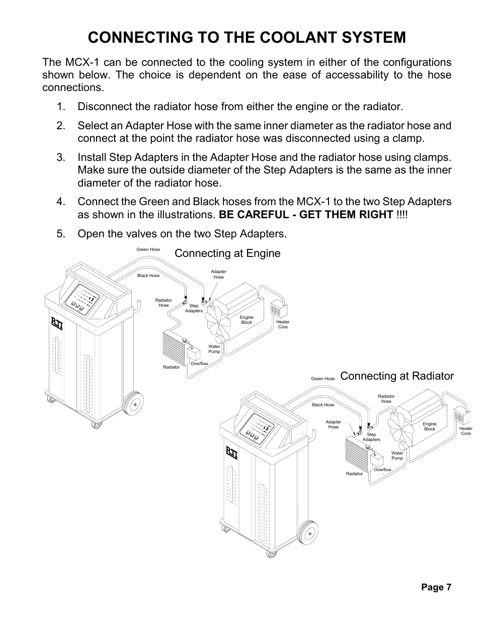 Connecting to the coolant system, Connecting at radiator, Connecting at engine | Page 7 | MAHLE RTI MCX-1 (Rev A) User Manual | Page 8 / 16