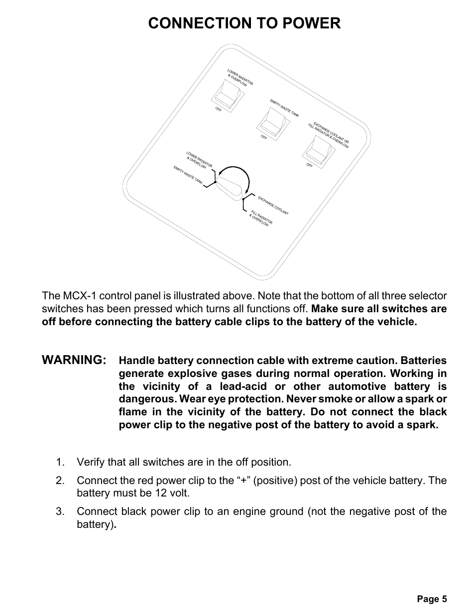 Connection to power, Warning, Page 5 | MAHLE RTI MCX-1 (Rev D) User Manual | Page 6 / 18