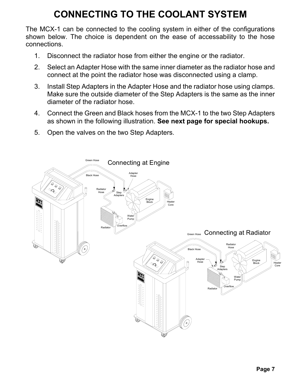 Connecting to the coolant system, Connecting at engine, Connecting at radiator | Page 7 | MAHLE RTI MCX-1 (Rev D) User Manual | Page 8 / 18