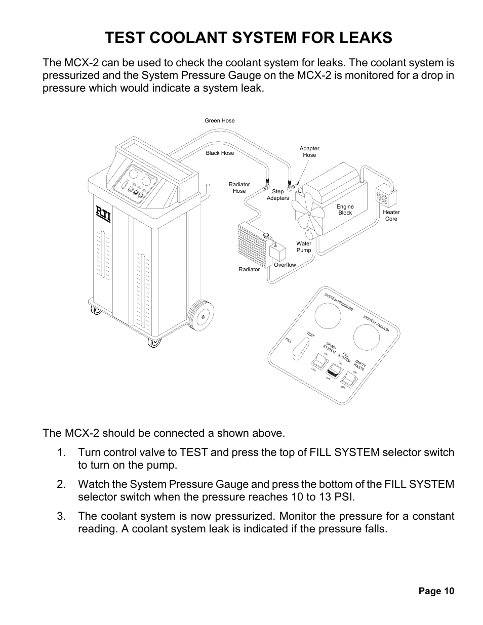 Test coolant system for leaks, Page 10, Off on off | MAHLE RTI MCX-2 (Rev A) User Manual | Page 11 / 18