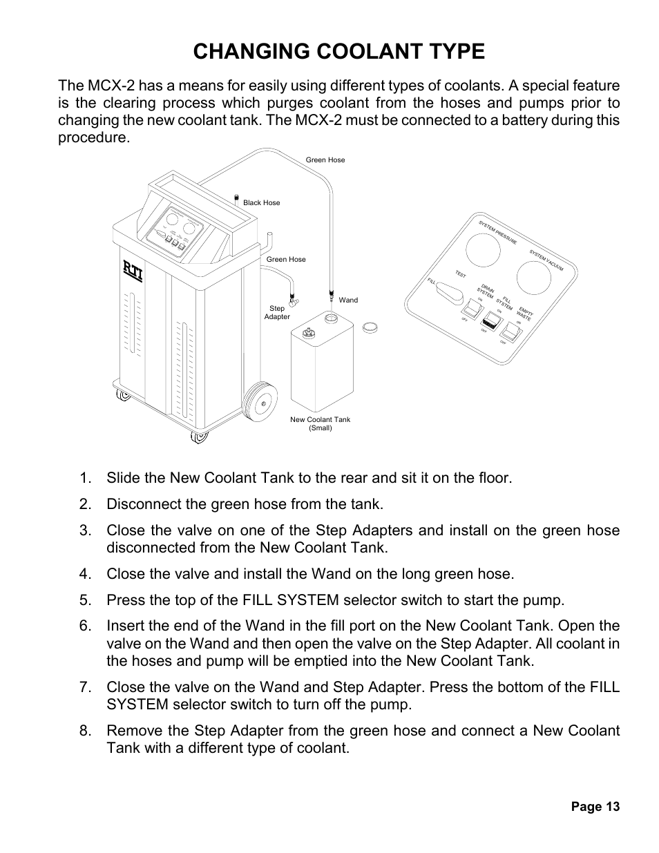 Changing coolant type, Page 13, Of f on | Off on | MAHLE RTI MCX-2 (Rev A) User Manual | Page 14 / 18