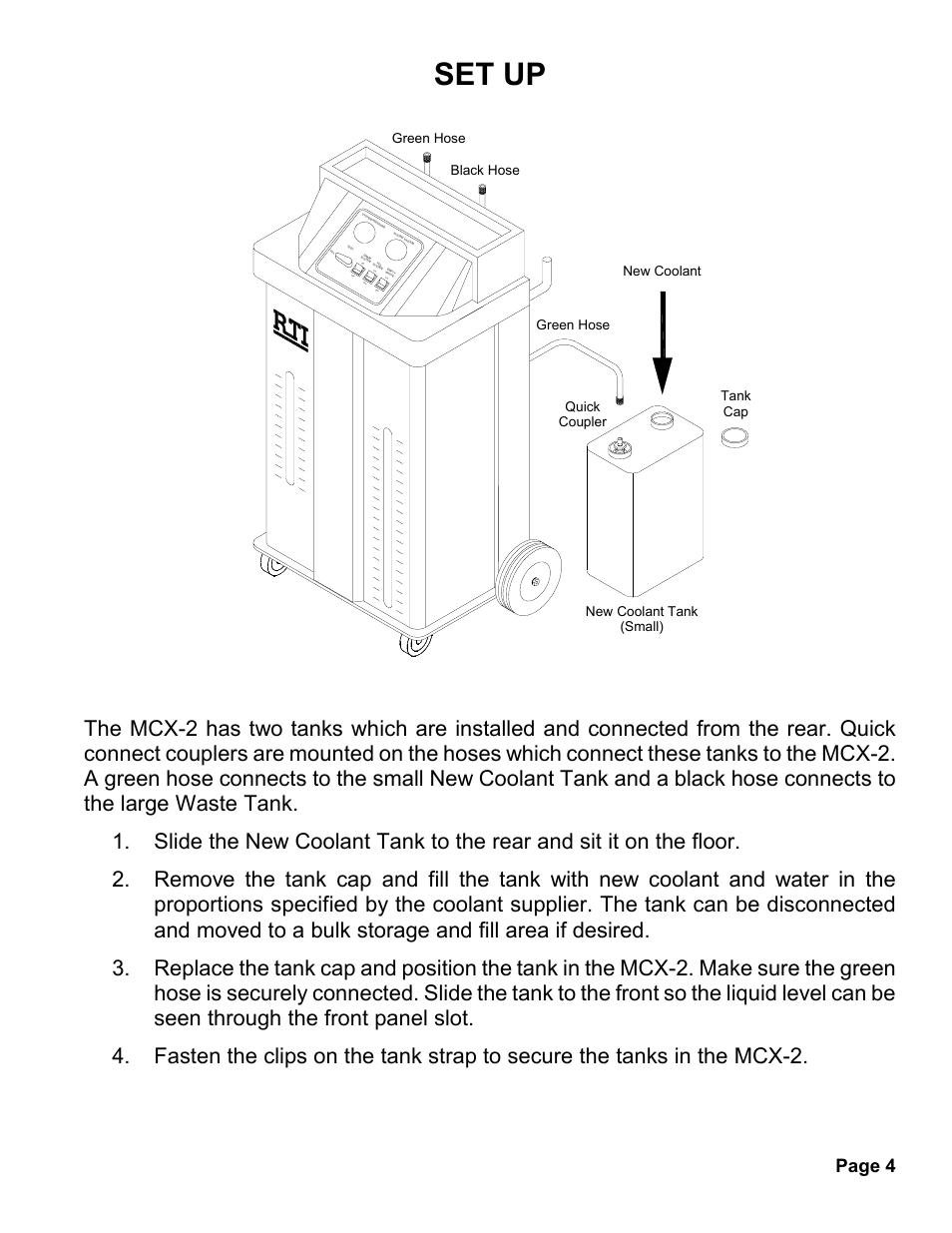 Set up, Page 4, Off on | Black hose tank cap (small) new coolant | MAHLE RTI MCX-2 (Rev A) User Manual | Page 5 / 18