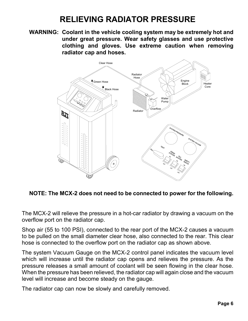 Relieving radiator pressure, Page 6, Off on | Of f on | MAHLE RTI MCX-2 (Rev A) User Manual | Page 7 / 18