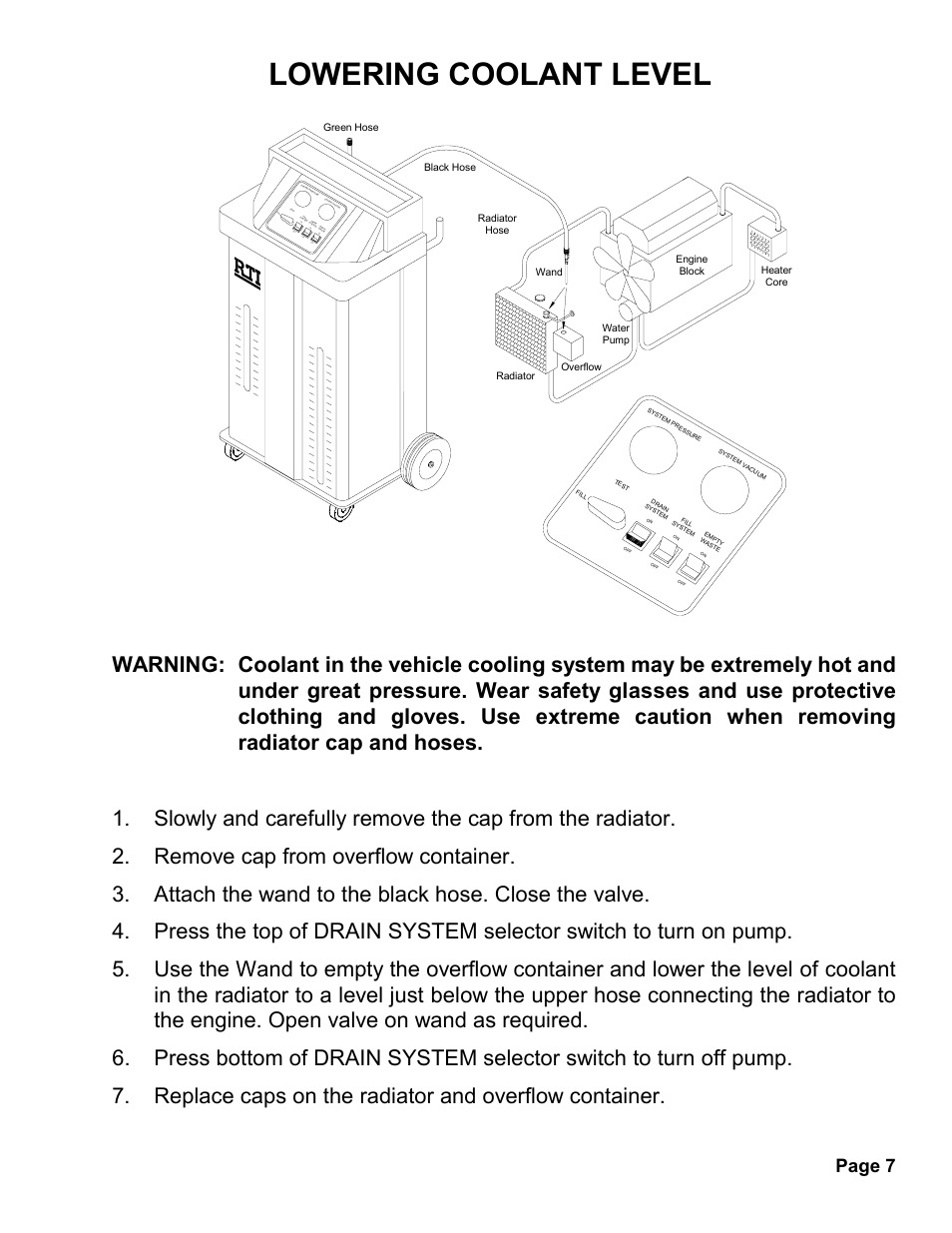 Lowering coolant level, Page 7, Of f on off off on | MAHLE RTI MCX-2 (Rev A) User Manual | Page 8 / 18