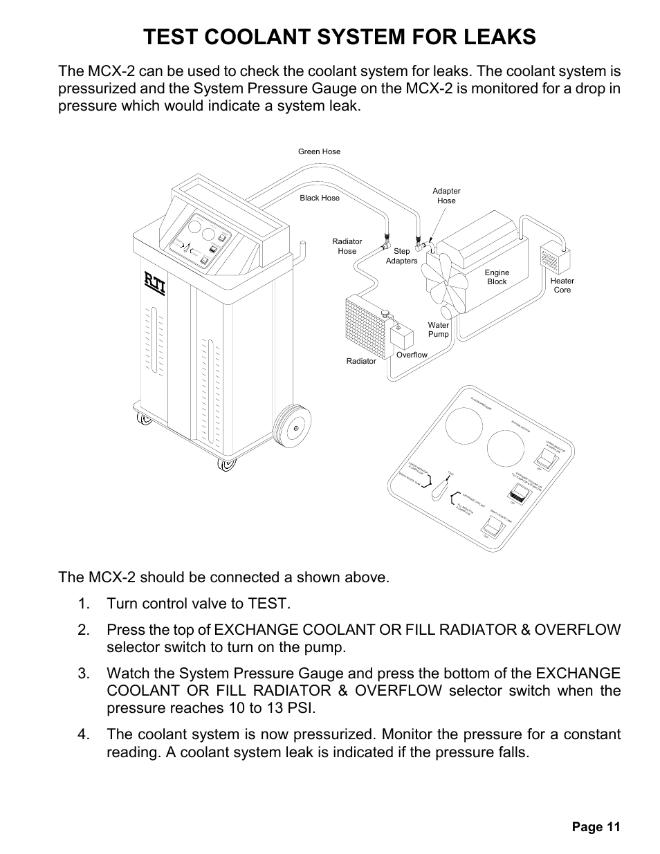 Test coolant system for leaks, Page 11 | MAHLE RTI MCX-2 (Rev D) User Manual | Page 12 / 20