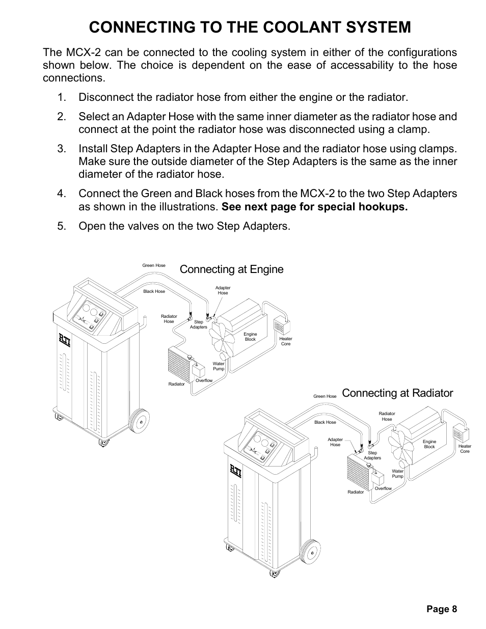 Connecting to the coolant system, Connecting at engine, Connecting at radiator | Page 8 | MAHLE RTI MCX-2 (Rev D) User Manual | Page 9 / 20