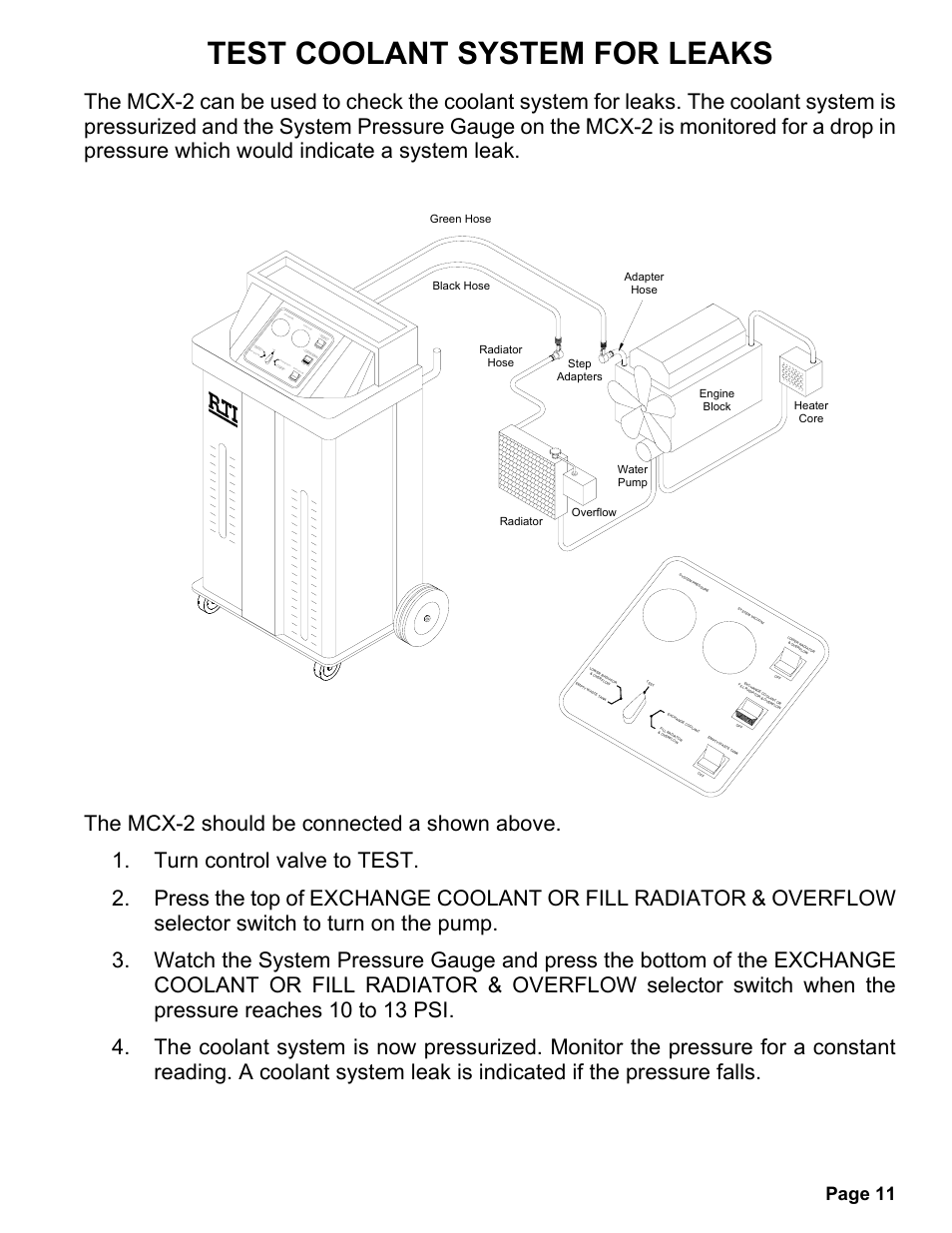 Test coolant system for leaks, Page 11 | MAHLE RTI MCX-2 (Rev E) User Manual | Page 12 / 20