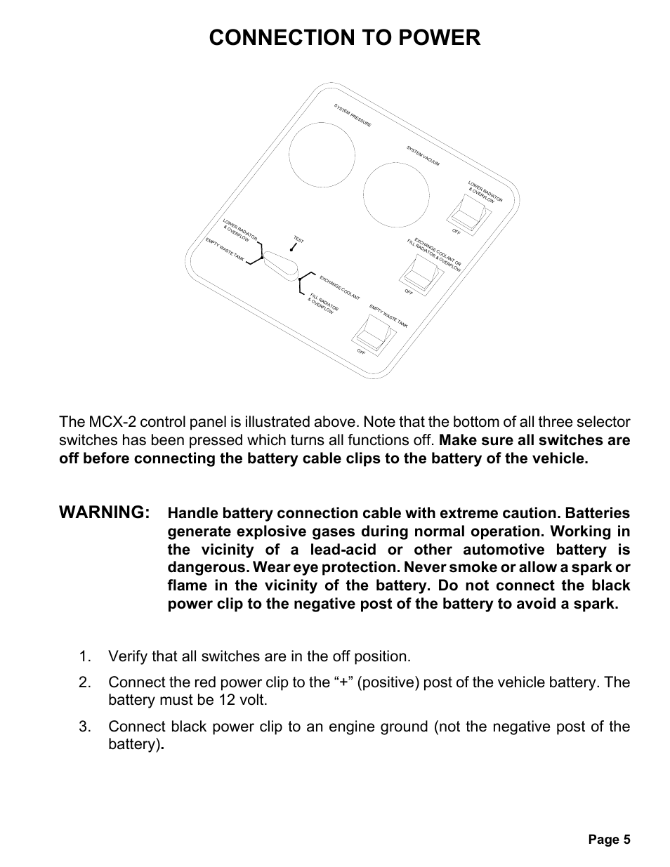 Connection to power, Warning, Page 5 | MAHLE RTI MCX-2 (Rev E) User Manual | Page 6 / 20