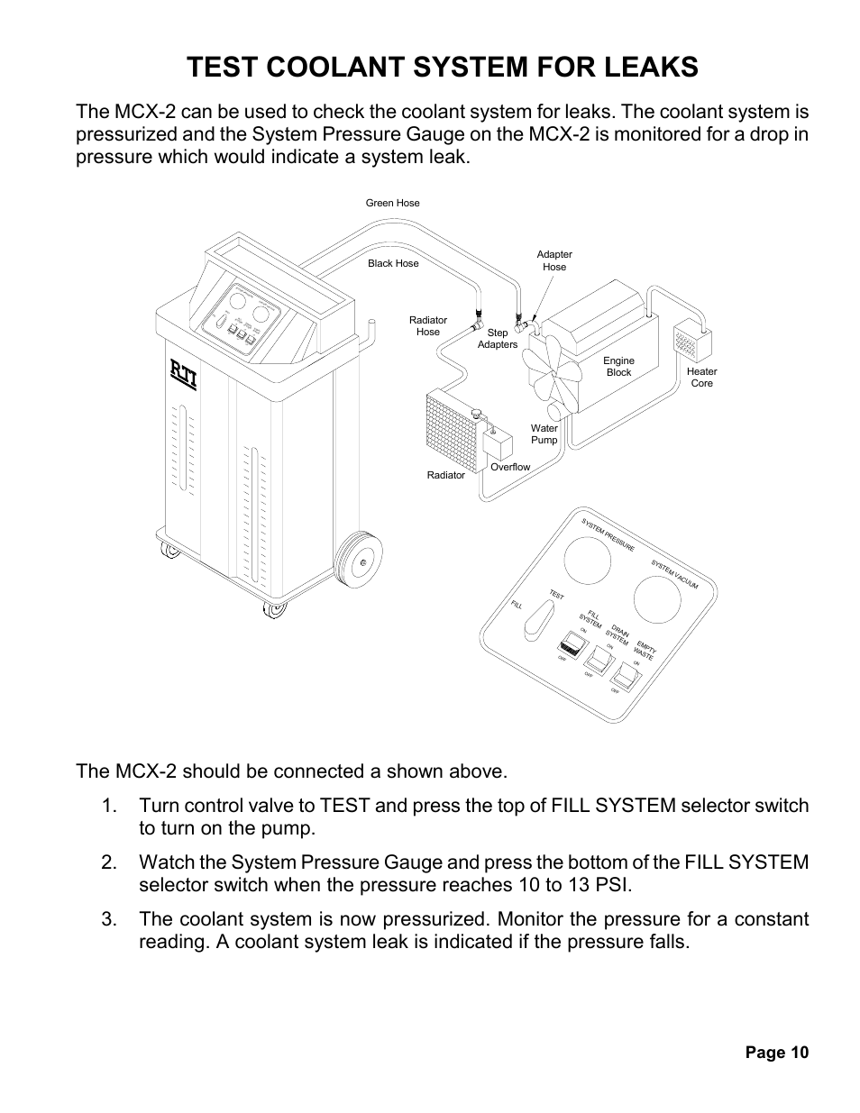 Test coolant system for leaks, Page 10, Off on off on | MAHLE RTI MCX-2 User Manual | Page 11 / 18
