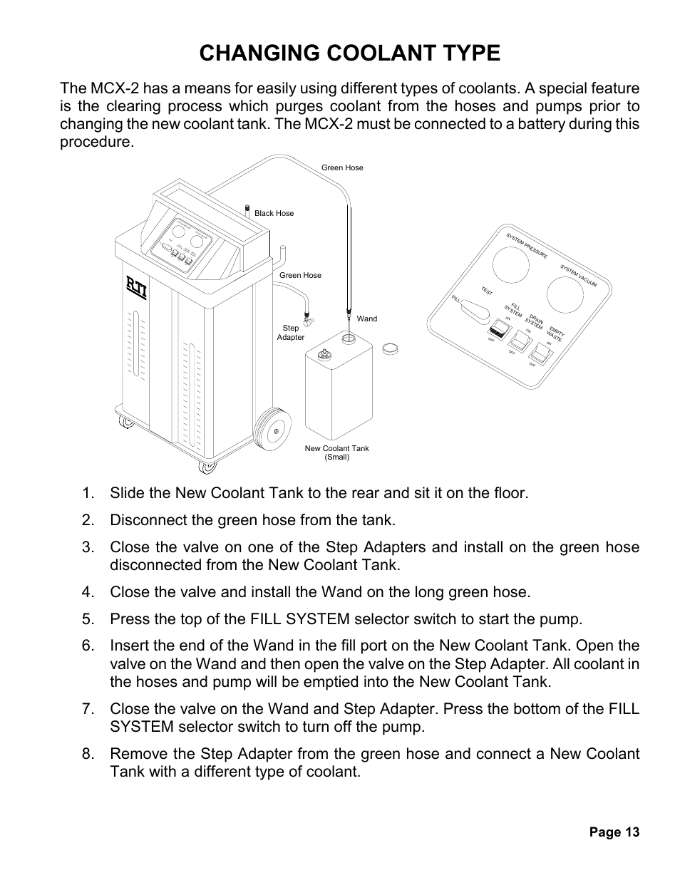 Changing coolant type, Page 13, Off on off off on | MAHLE RTI MCX-2 User Manual | Page 14 / 18