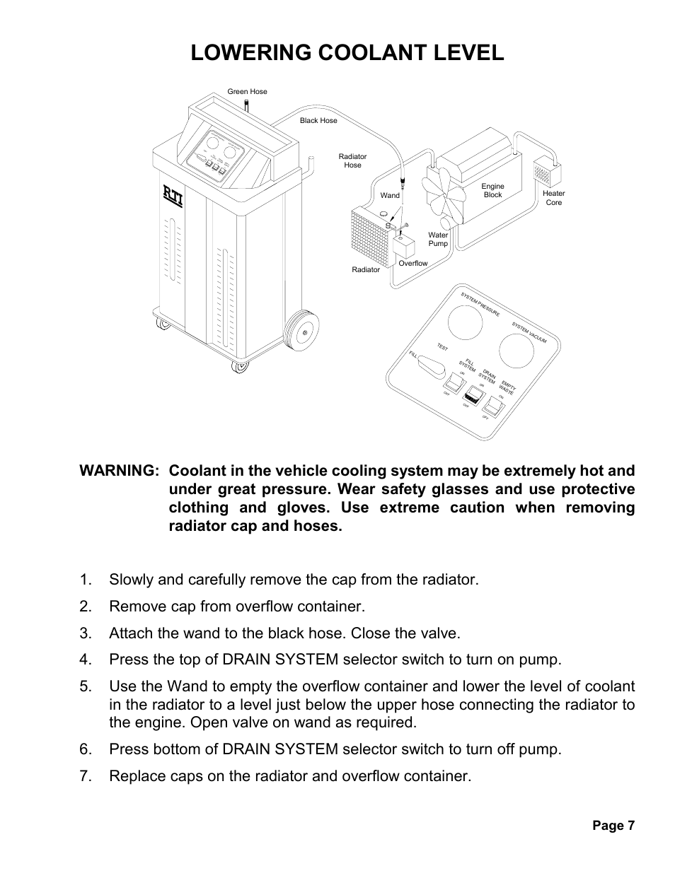 Lowering coolant level, Page 7, Of f on of f of f on | MAHLE RTI MCX-2 User Manual | Page 8 / 18