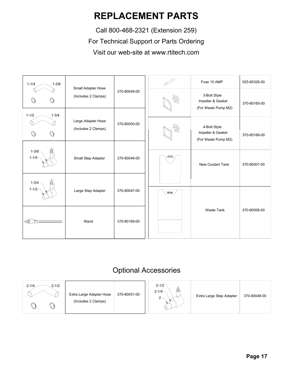 Replacement parts, Optional accessories, Page 17 | MAHLE RTI MCX-2 (Rev F) User Manual | Page 18 / 21