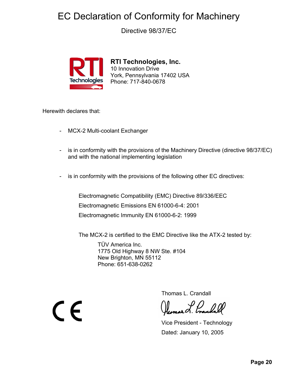 Ec declaration of conformity for machinery | MAHLE RTI MCX-2 (Rev F) User Manual | Page 21 / 21