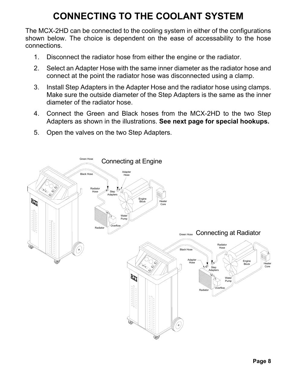 Connecting to the coolant system, Connecting at engine, Connecting at radiator | Page 8 | MAHLE RTI MCX-2HD User Manual | Page 9 / 20