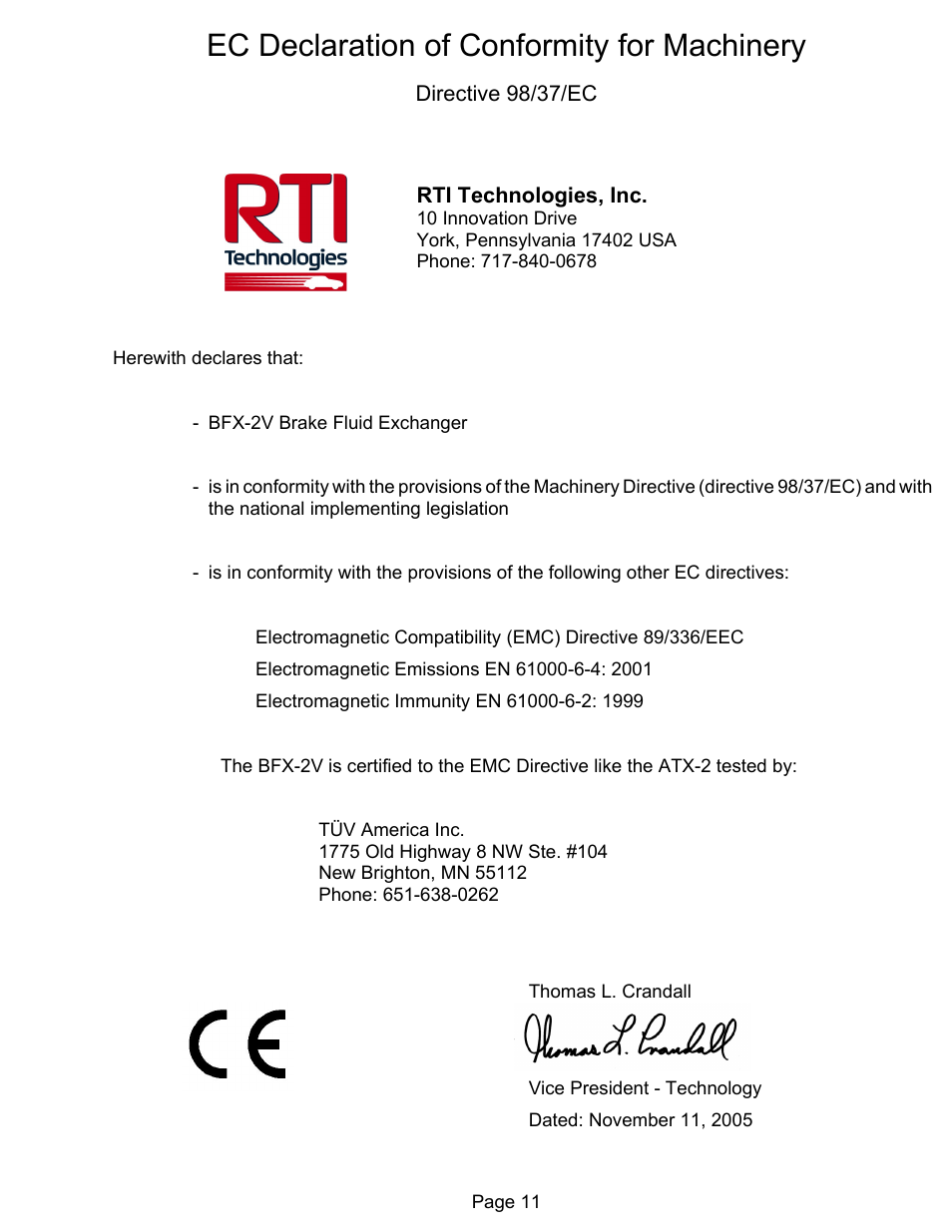 Ec declaration of conformity for machinery | MAHLE RTI BFX-2 User Manual | Page 12 / 12