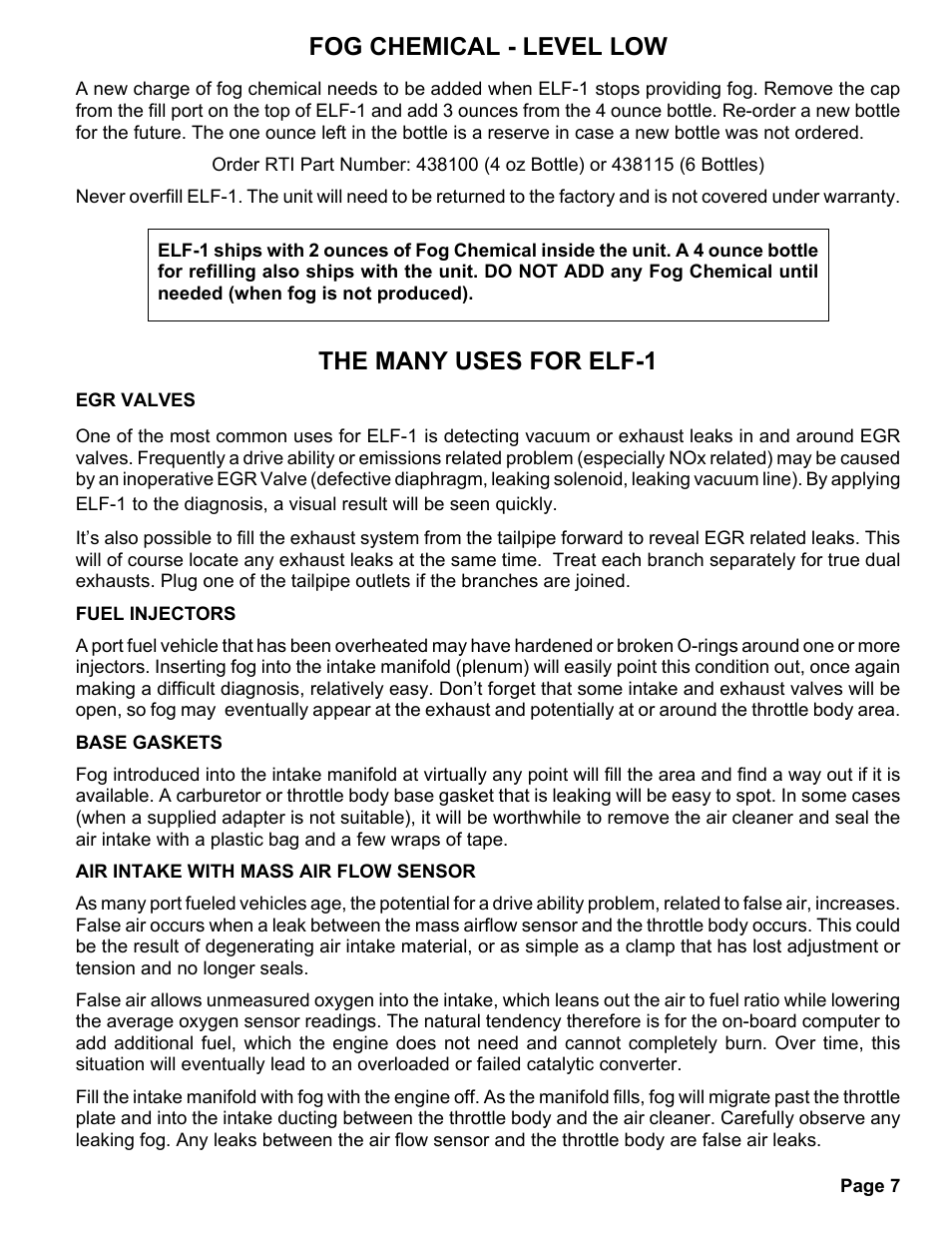 Fog chemical - level low, The many uses for elf-1 | MAHLE RTI ELF-1 User Manual | Page 10 / 14