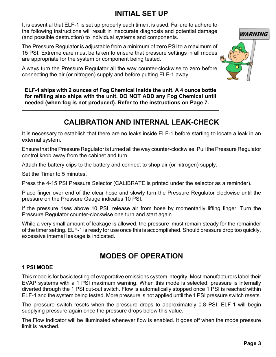 Initial set up, Calibration and internal leak-check, Modes of operation | MAHLE RTI ELF-1 User Manual | Page 6 / 14