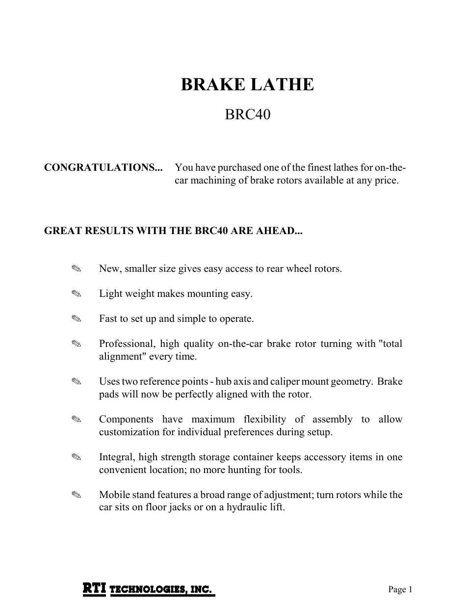 Brake lathe, Brc40 | MAHLE RTI BRC40 User Manual | Page 2 / 19