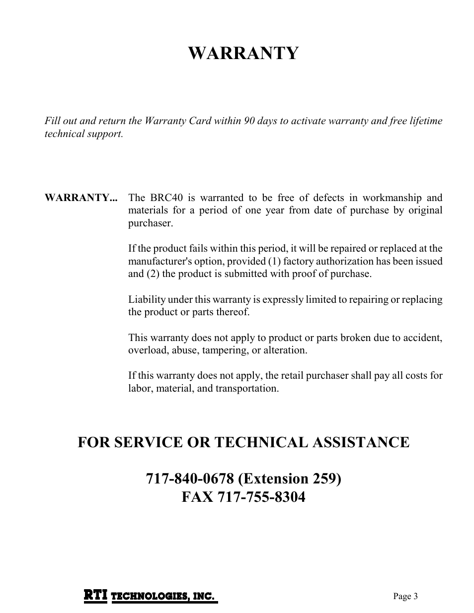 Warranty | MAHLE RTI BRC40 User Manual | Page 4 / 19