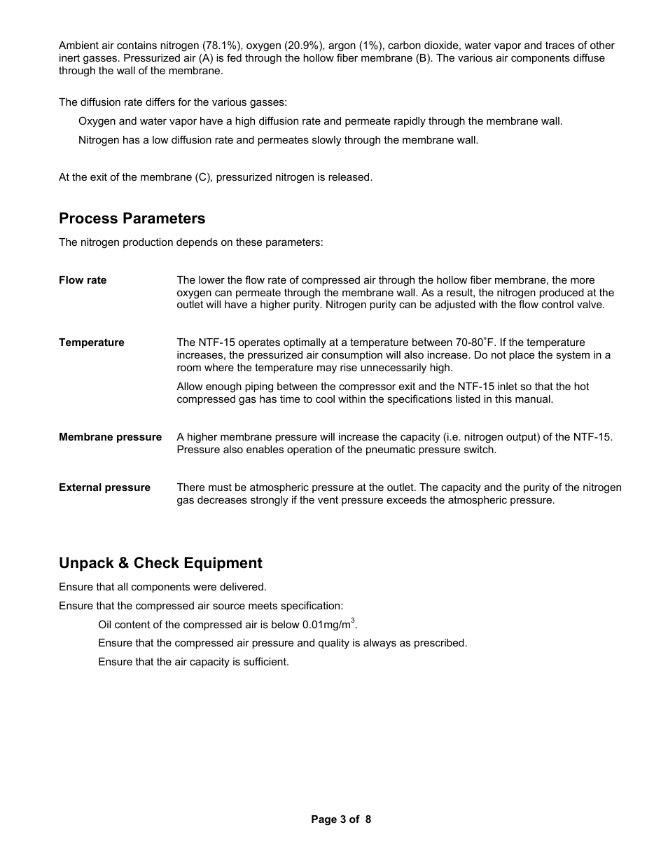 Process parameters, Unpack & check equipment | MAHLE RTI NTF-15 User Manual | Page 5 / 10