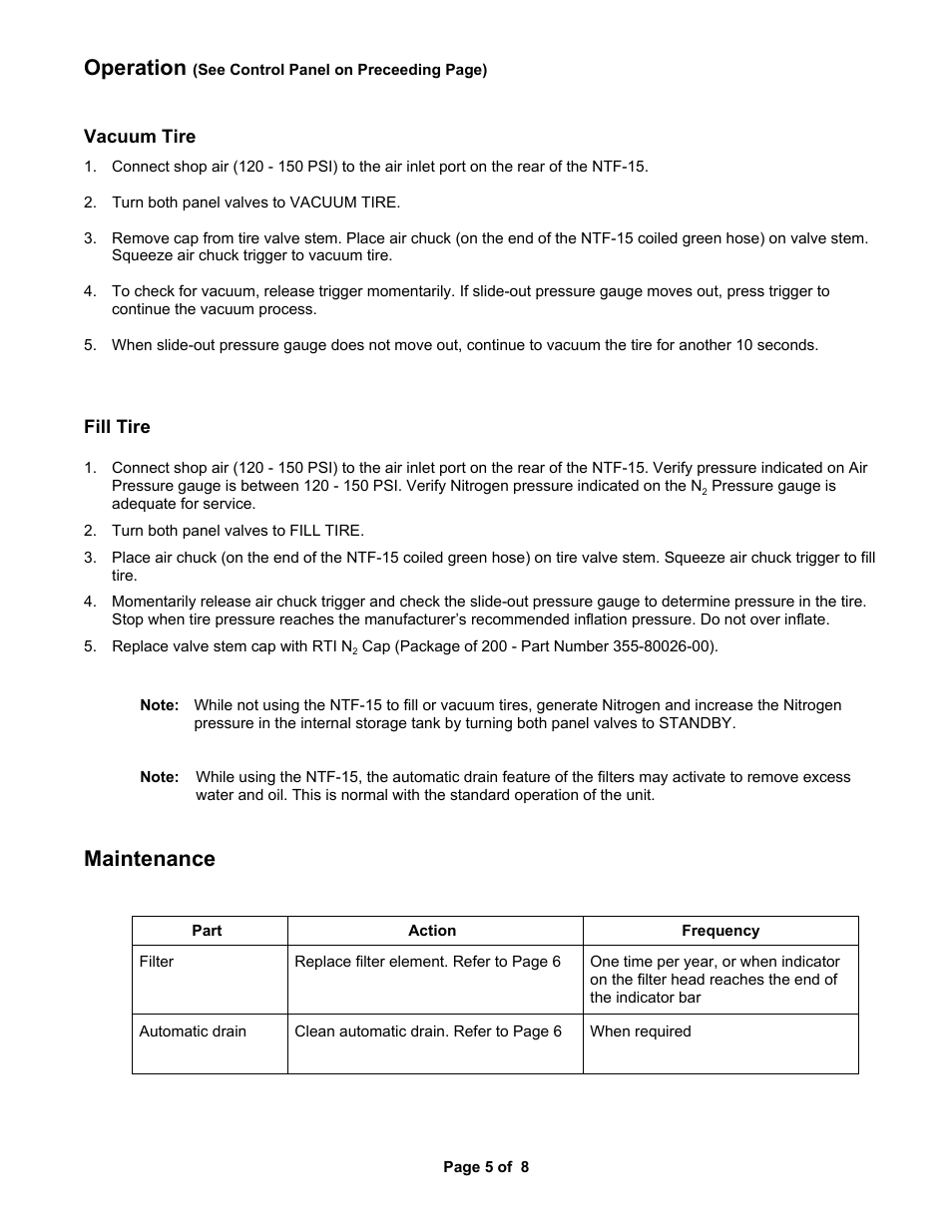 Operation, Maintenance | MAHLE RTI NTF-15 User Manual | Page 7 / 10
