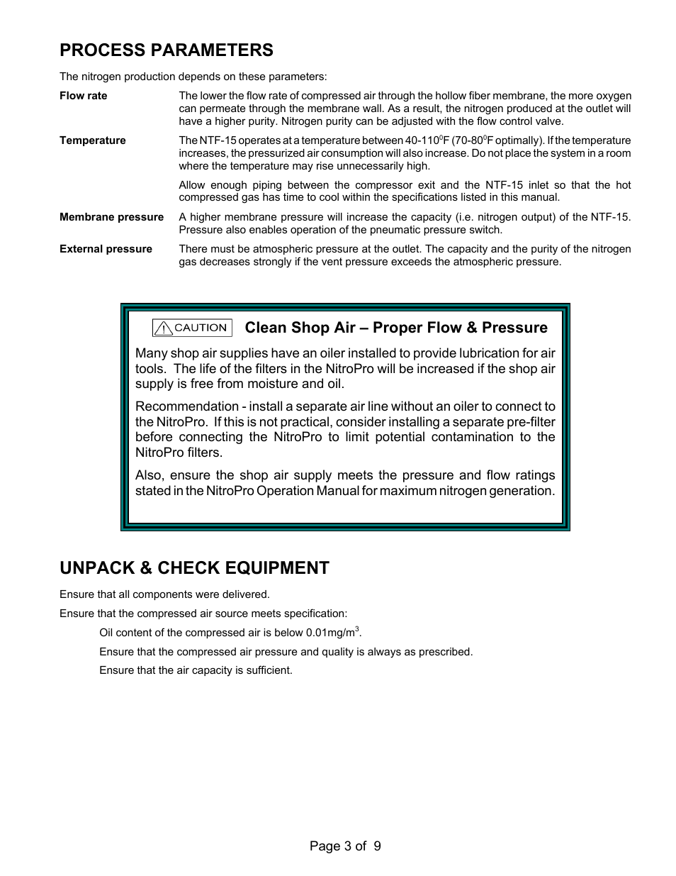 Process parameters, Unpack & check equipment, Clean shop air – proper flow & pressure | MAHLE RTI NTF-15 User Manual | Page 5 / 11