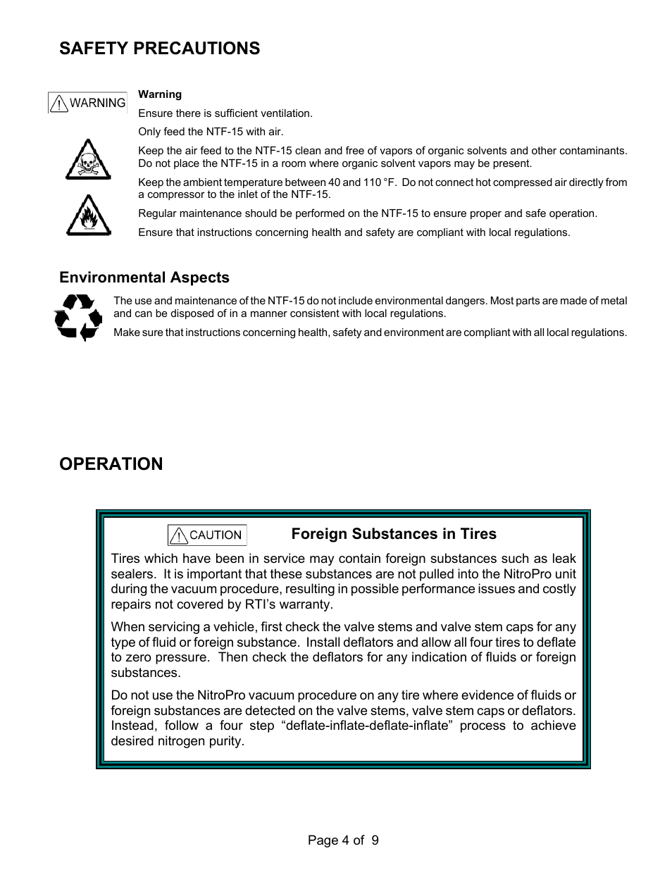 Safety precautions, Operation, Foreign substances in tires | Environmental aspects | MAHLE RTI NTF-15 User Manual | Page 6 / 11