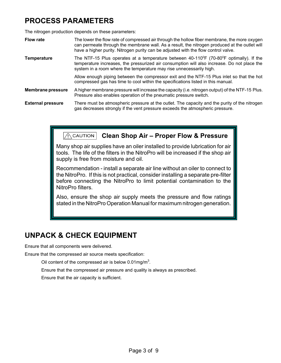 Process parameters, Unpack & check equipment, Clean shop air – proper flow & pressure | MAHLE RTI NTF-15H User Manual | Page 5 / 11
