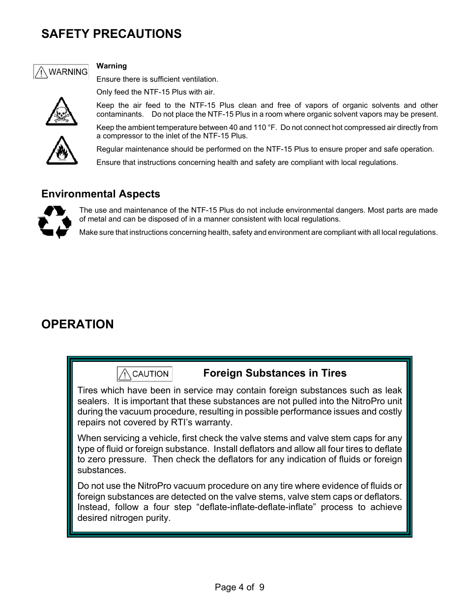 Safety precautions, Operation, Foreign substances in tires | Environmental aspects | MAHLE RTI NTF-15H User Manual | Page 6 / 11