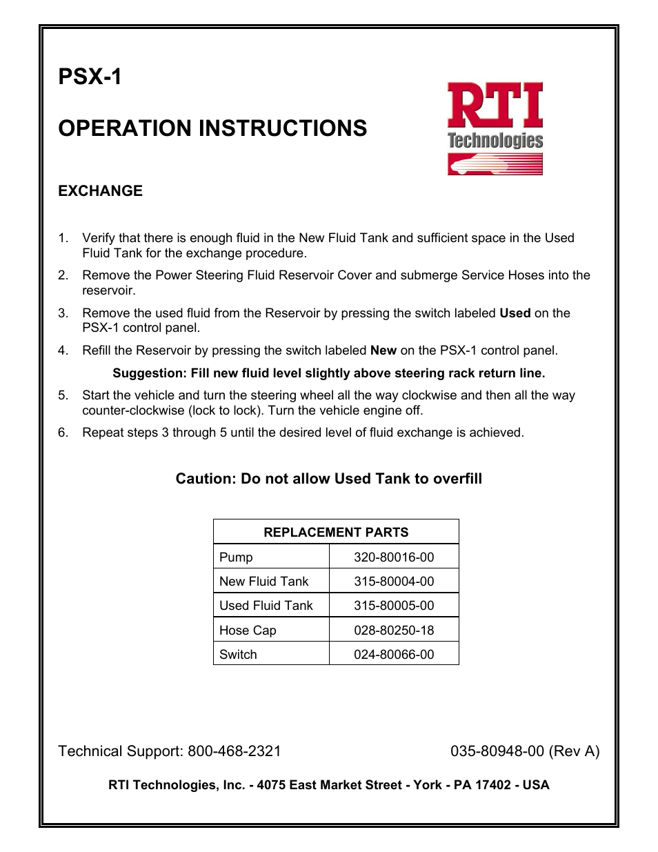 MAHLE RTI PSX-1 User Manual | 1 page