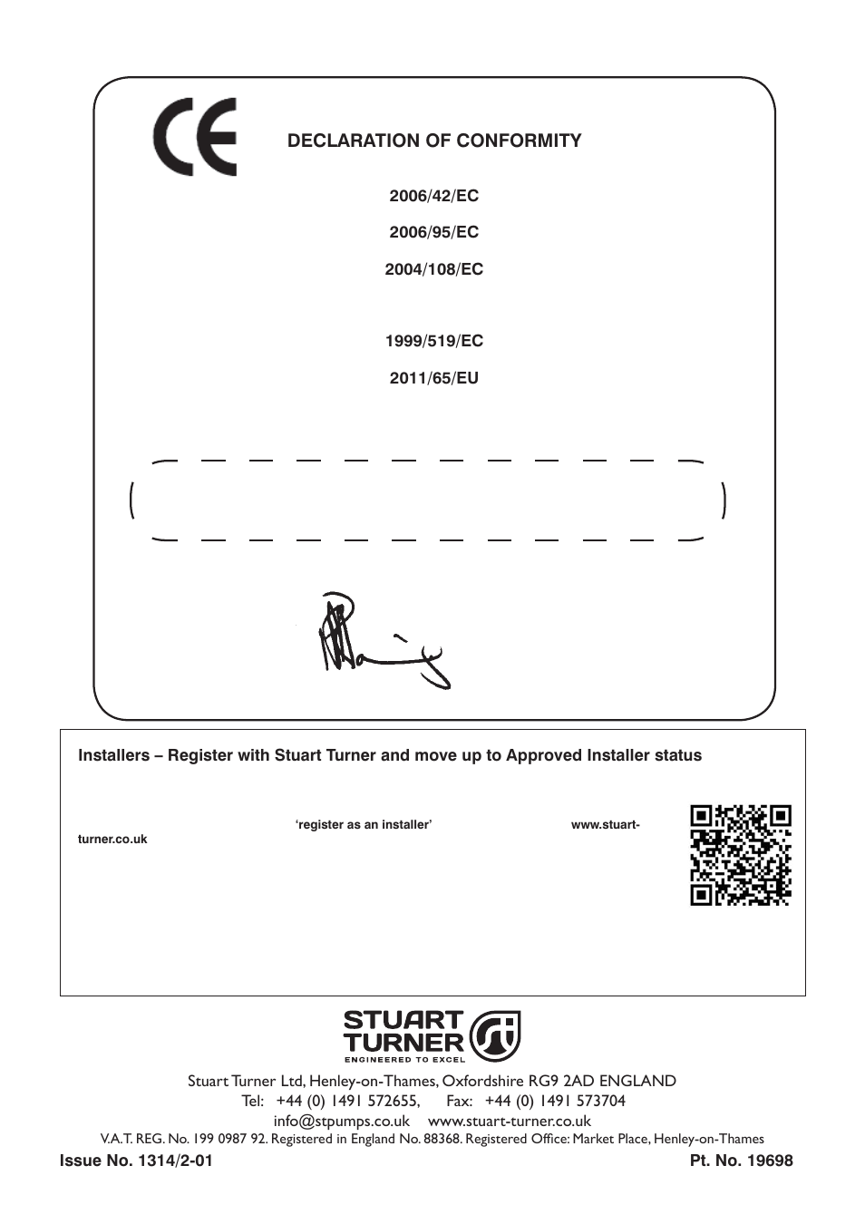 Declaration of conformity, Business development director | Stuart Turner Monsoon Extra U1.4 bar Single User Manual | Page 20 / 20