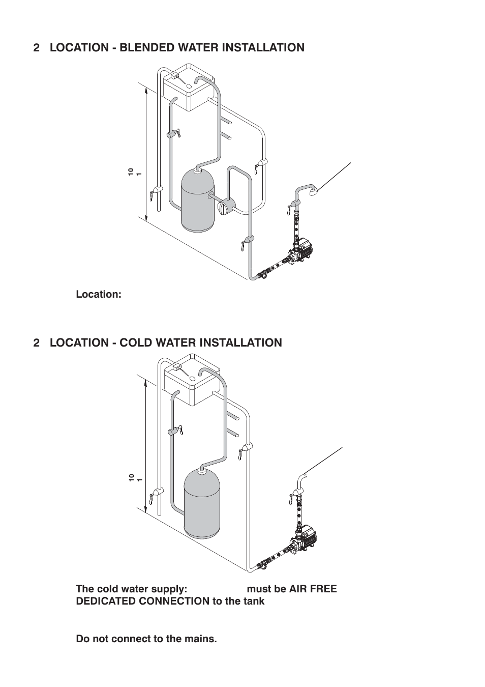 2 location - blended water installation, 2 location - cold water installation | Stuart Turner Monsoon Extra S1.4 bar Single User Manual | Page 6 / 16