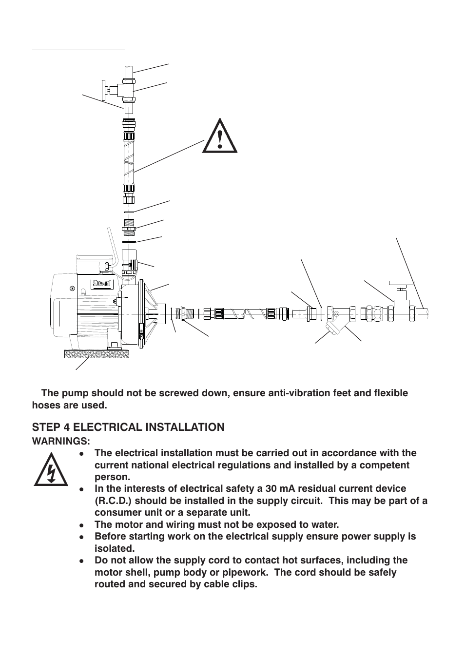 Step 4 electrical installation, Pump connections (general), Warnings | The motor and wiring must not be exposed to water | Stuart Turner Monsoon Extra S3.0 bar Single User Manual | Page 9 / 20