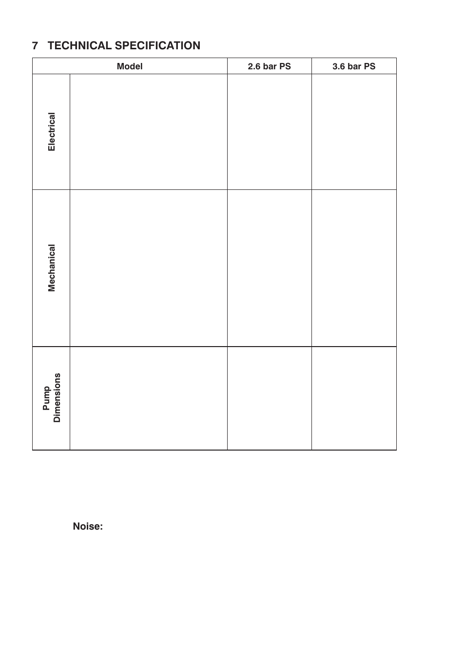 7 technical specification, Model 2.6 bar ps 3.6 bar ps electrical, Mechanical | Pump dimensions | Stuart Turner Monsoon Extra 2.6 bar PS User Manual | Page 14 / 20
