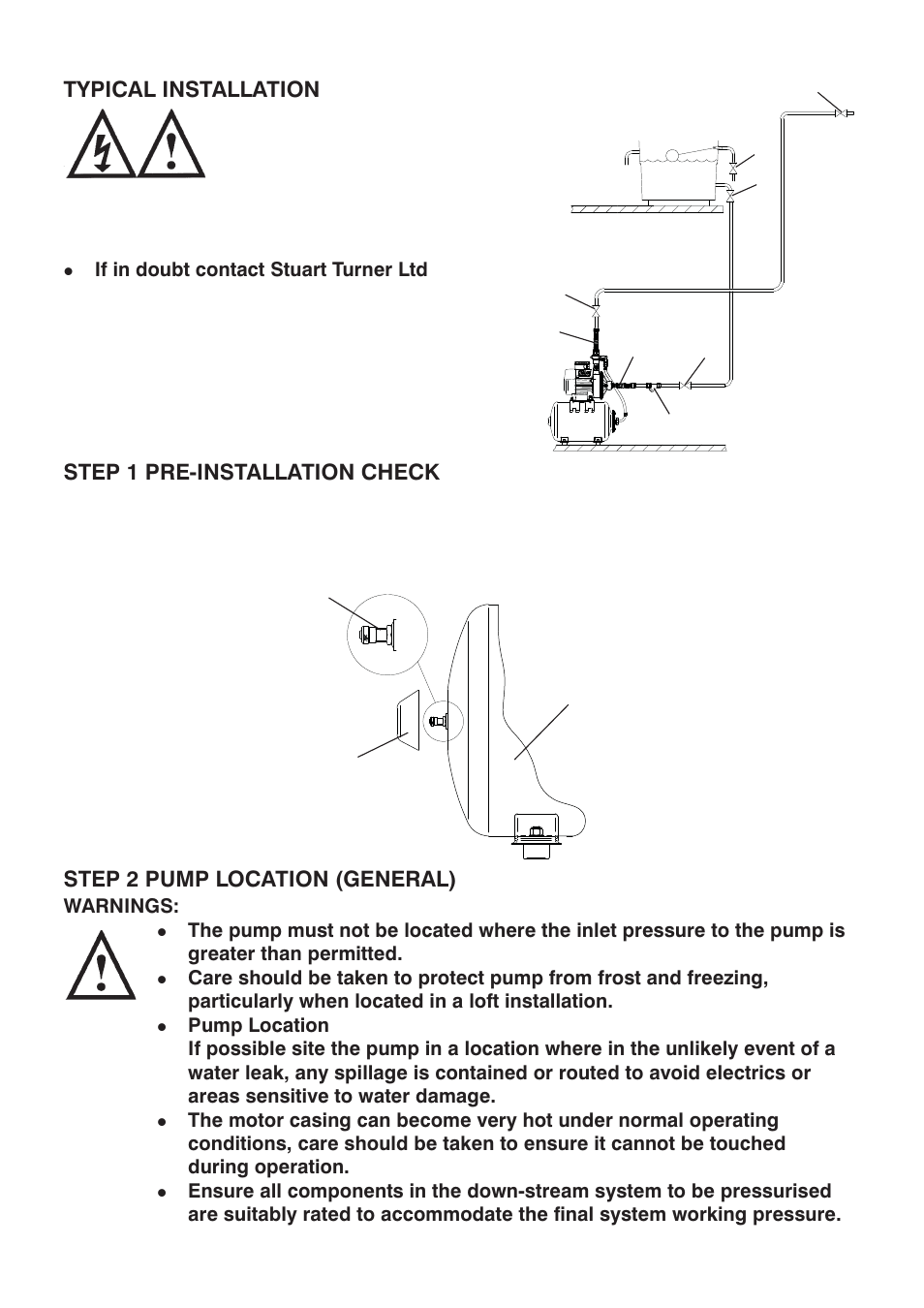 Typical installation, Step 2 pump location (general), Step 1 pre-installation check | Stuart Turner 3.2 bar PS User Manual | Page 2 / 20