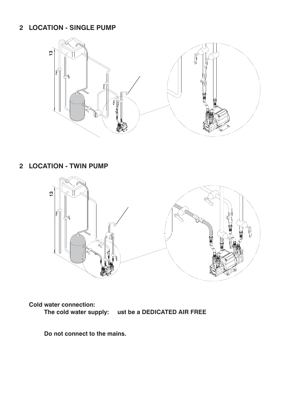 2 location - single pump 2 location - twin pump | Stuart Turner Showermate S1.8 bar Twin User Manual | Page 6 / 24