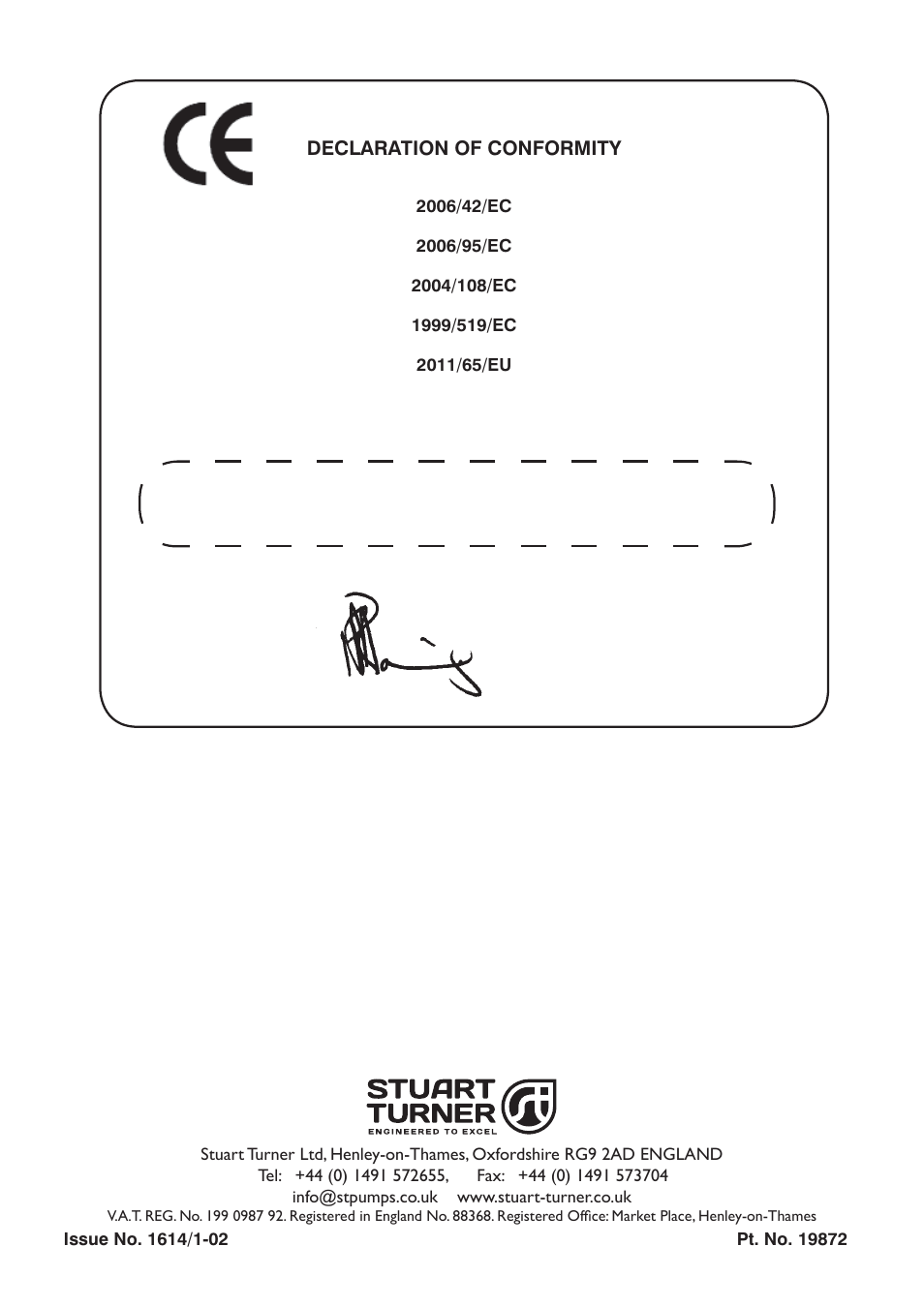Declaration of conformity, Business development director | Stuart Turner S1.5 bar Twin User Manual | Page 20 / 20