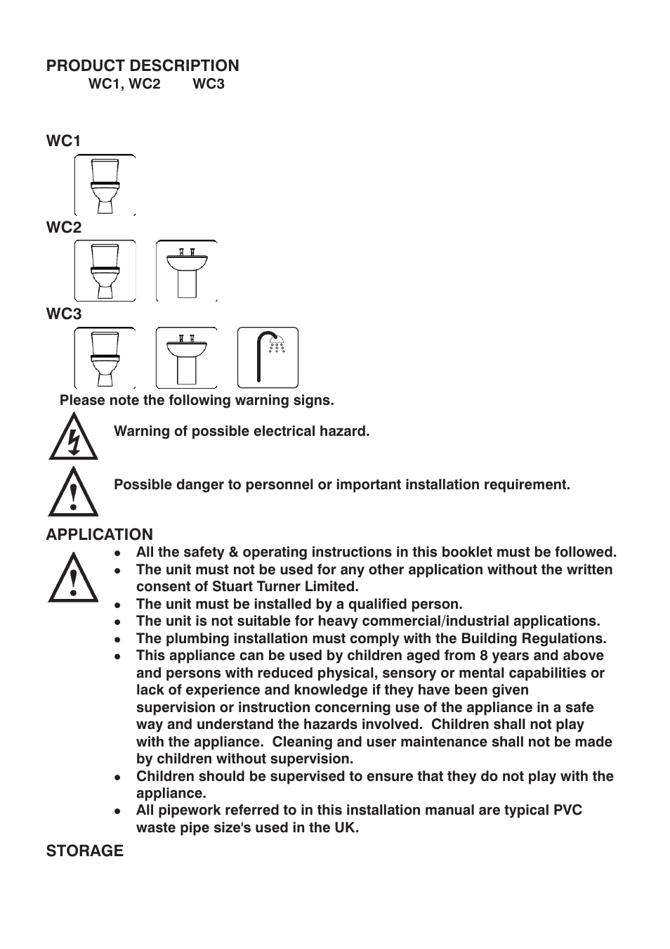 Product description, Wc1 wc3, Application | Storage | Stuart Turner WC1 Toilet only Macerator User Manual | Page 3 / 20
