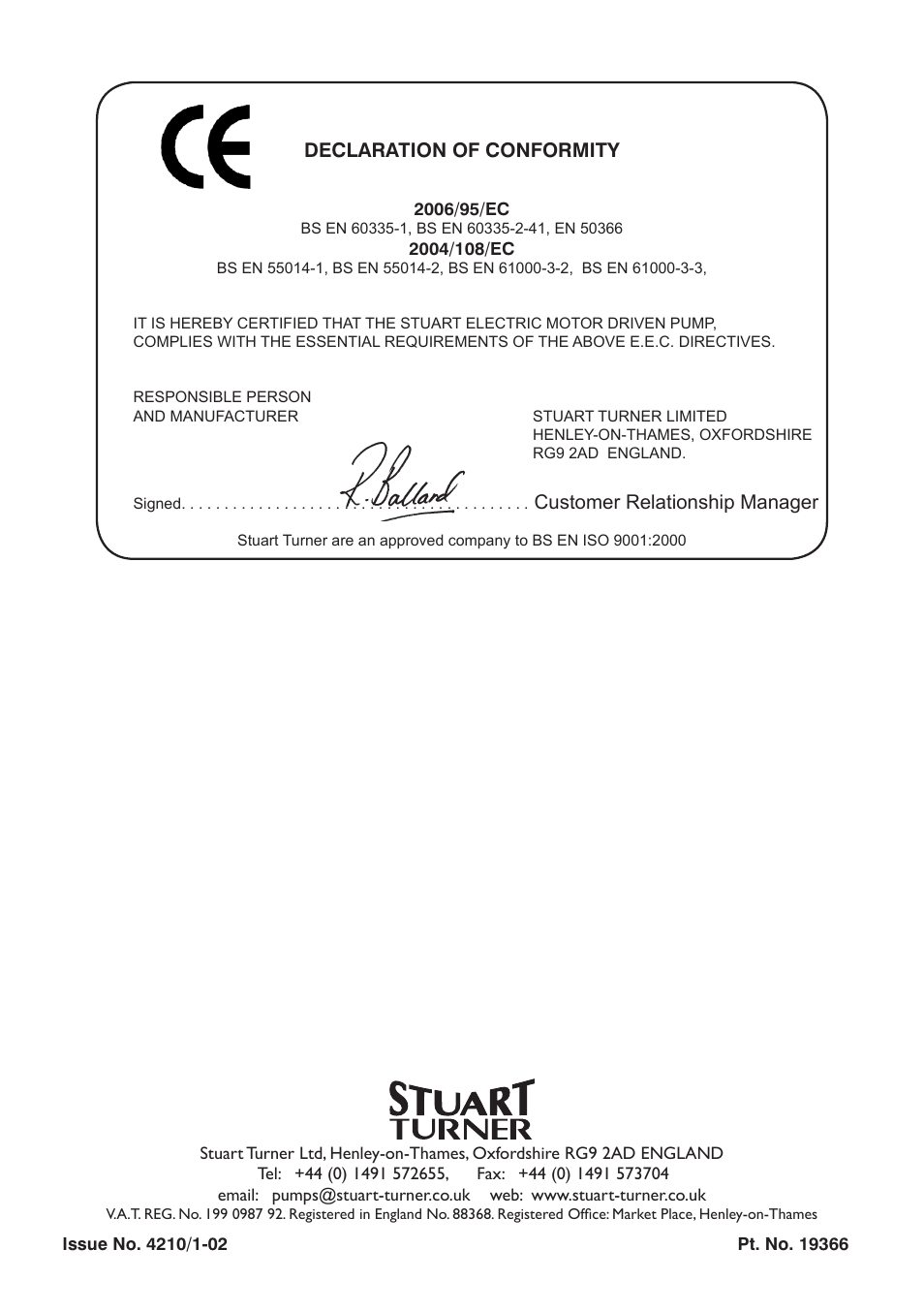 Declaration of conformity, Customer relationship manager | Stuart Turner Submersible Supersub VA User Manual | Page 16 / 16
