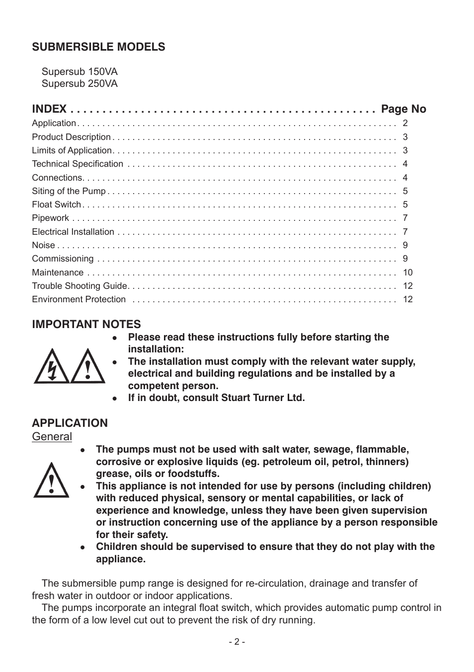 Stuart Turner Submersible Supersub VA User Manual | Page 2 / 16