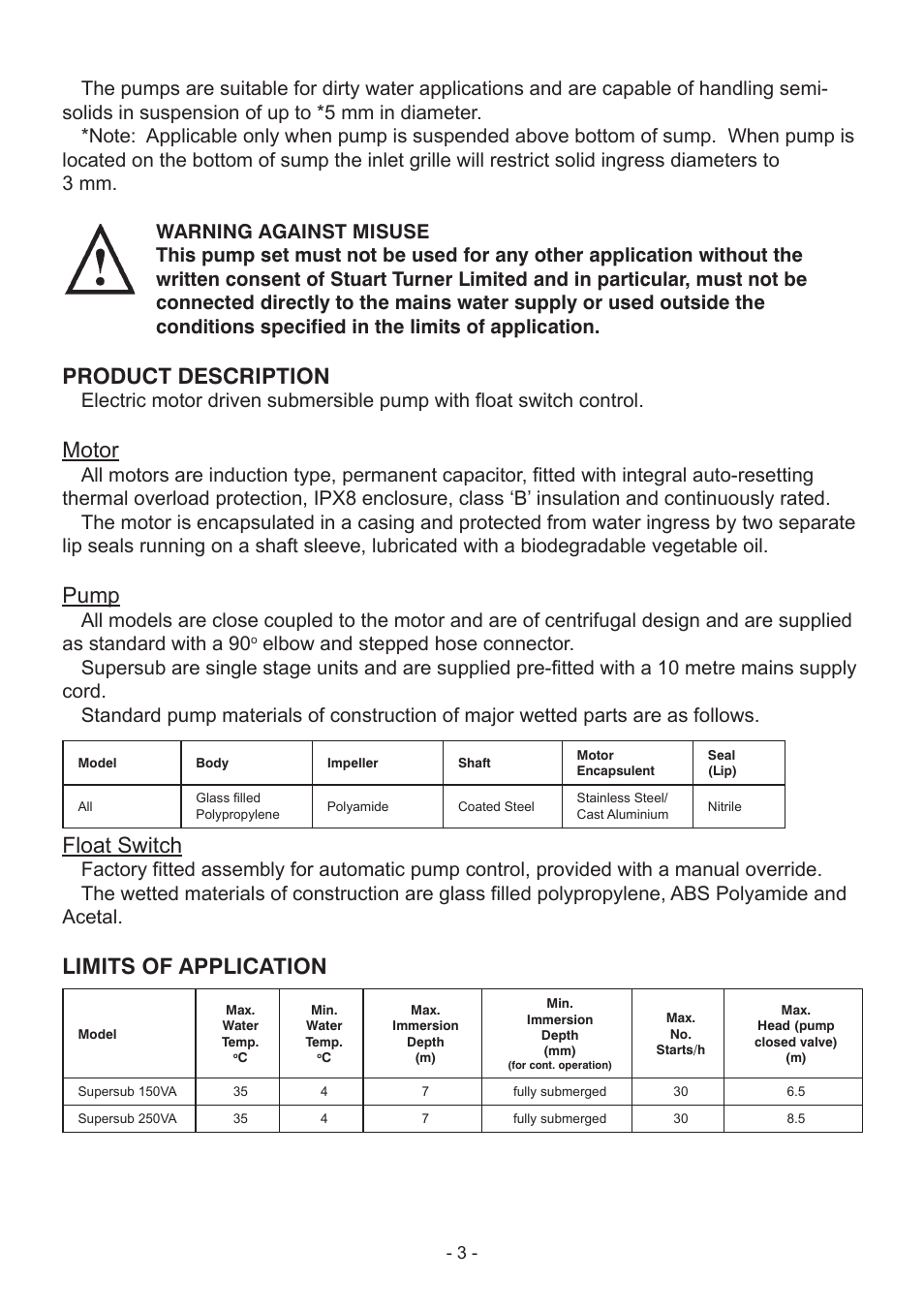 Product description, Motor, Pump | Float switch, Limits of application | Stuart Turner Submersible Supersub VA User Manual | Page 3 / 16