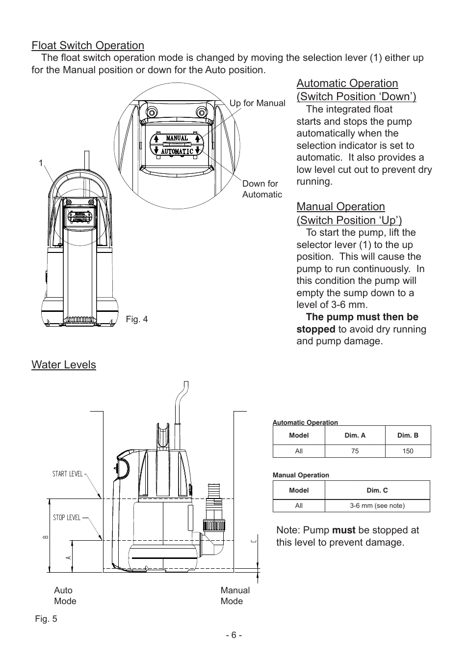 Float switch operation, Automatic operation (switch position ‘down’), Manual operation (switch position ‘up’) | Water levels | Stuart Turner Submersible Supersub VA User Manual | Page 6 / 16