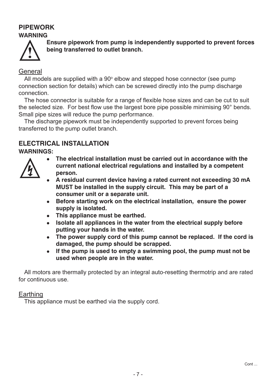 Pipework, General, Electrical installation | Earthing | Stuart Turner Submersible Supersub VA User Manual | Page 7 / 16