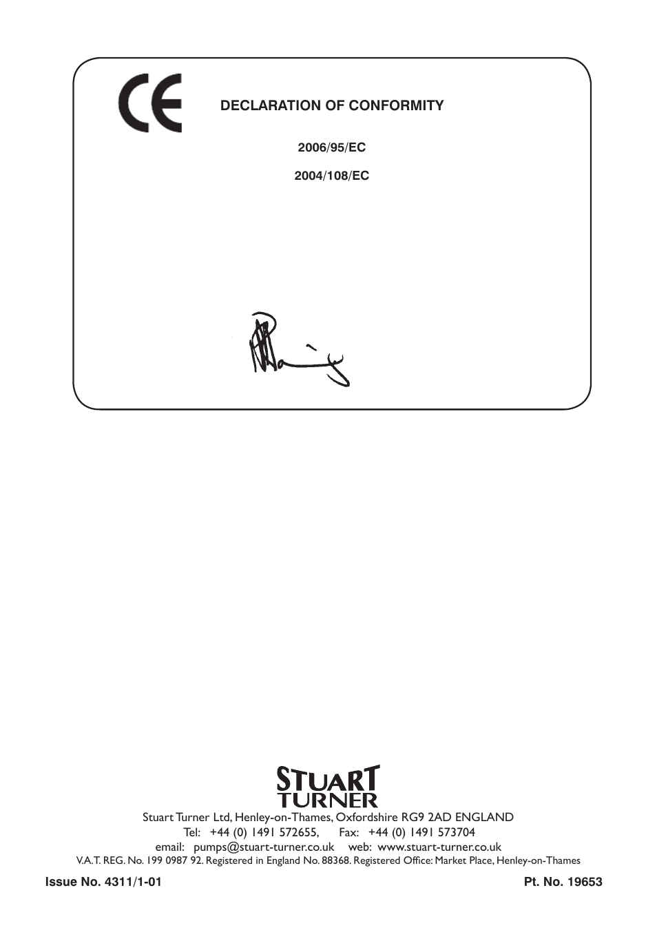 Declaration of conformity, Business development director | Stuart Turner Submersible Diver 35 & 45 User Manual | Page 16 / 16